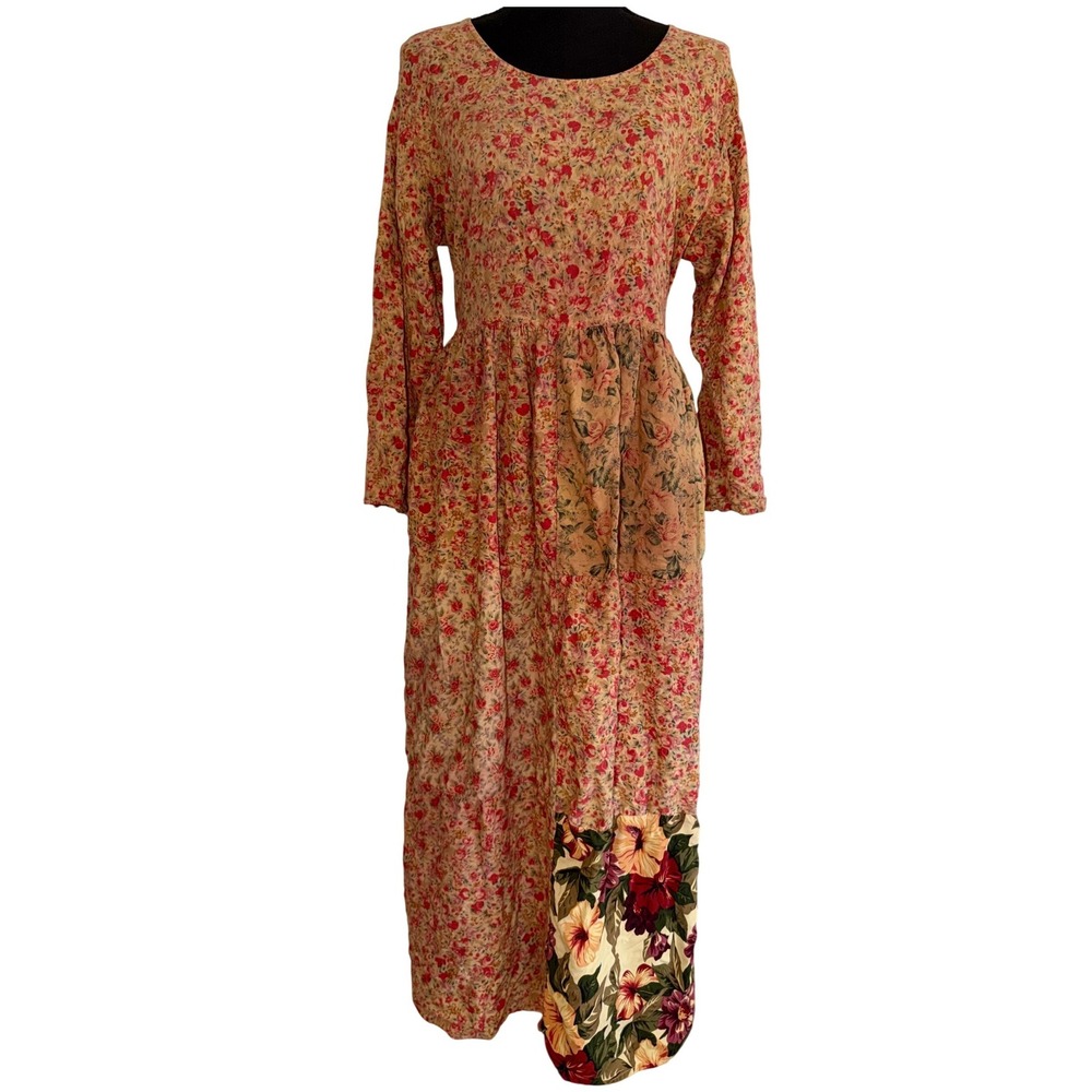 90s Vintage Cottagecore Floral Patchwork Long Sleeve Maxi Dress Women's Large‎